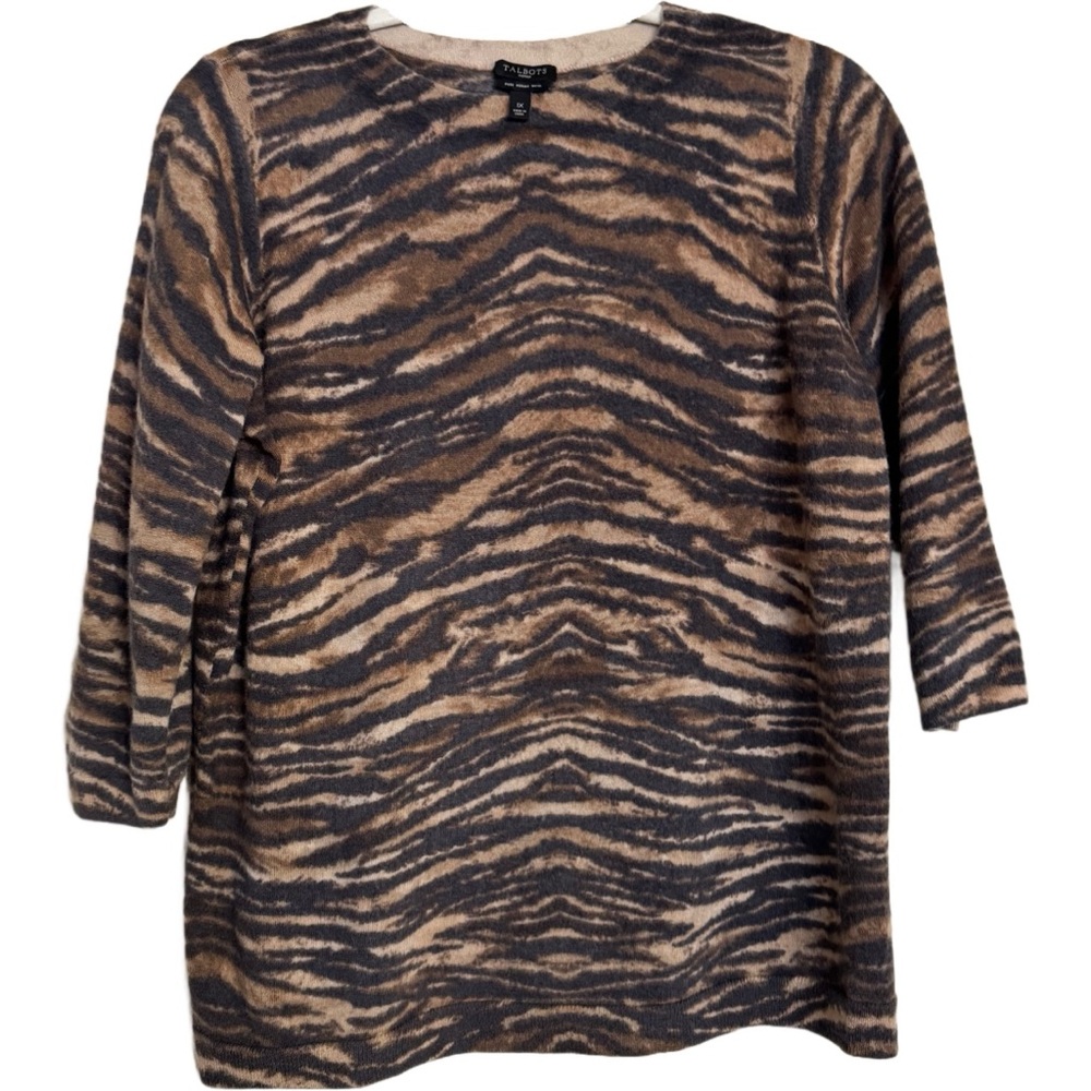 Talbots Pure Merino Wool Sweater Brown Tiger Striped Lightweight Size 1X